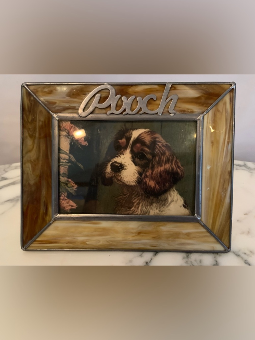 Vintage Stained Slag Glass “Pooch” Picture Frame